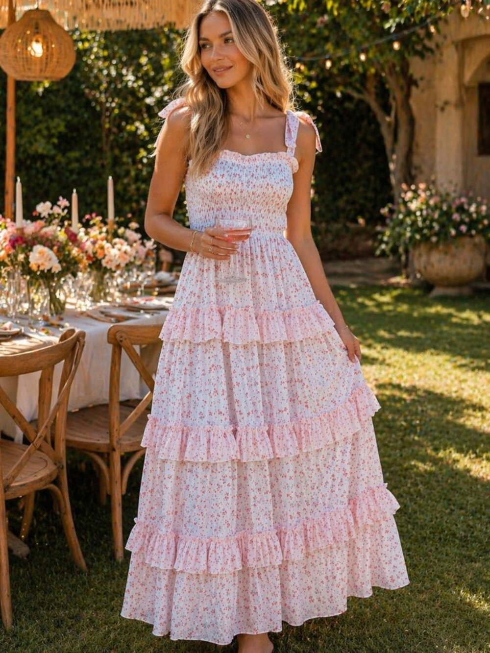 NWT Peach Love Ditsy Floral Smocked Tiered Pink Maxi Dress